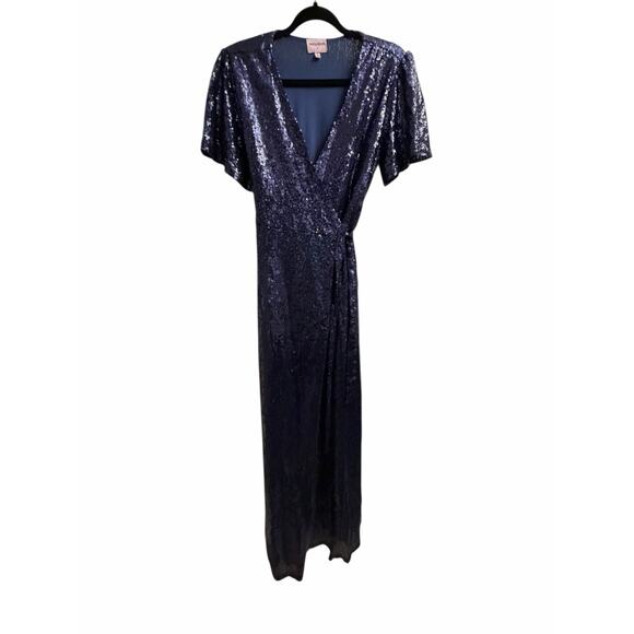 DMFashion Navy Sequin Wrap Maxi Dress Size Small Flutter Sleeve Formal Evening - Picture 9 of 16